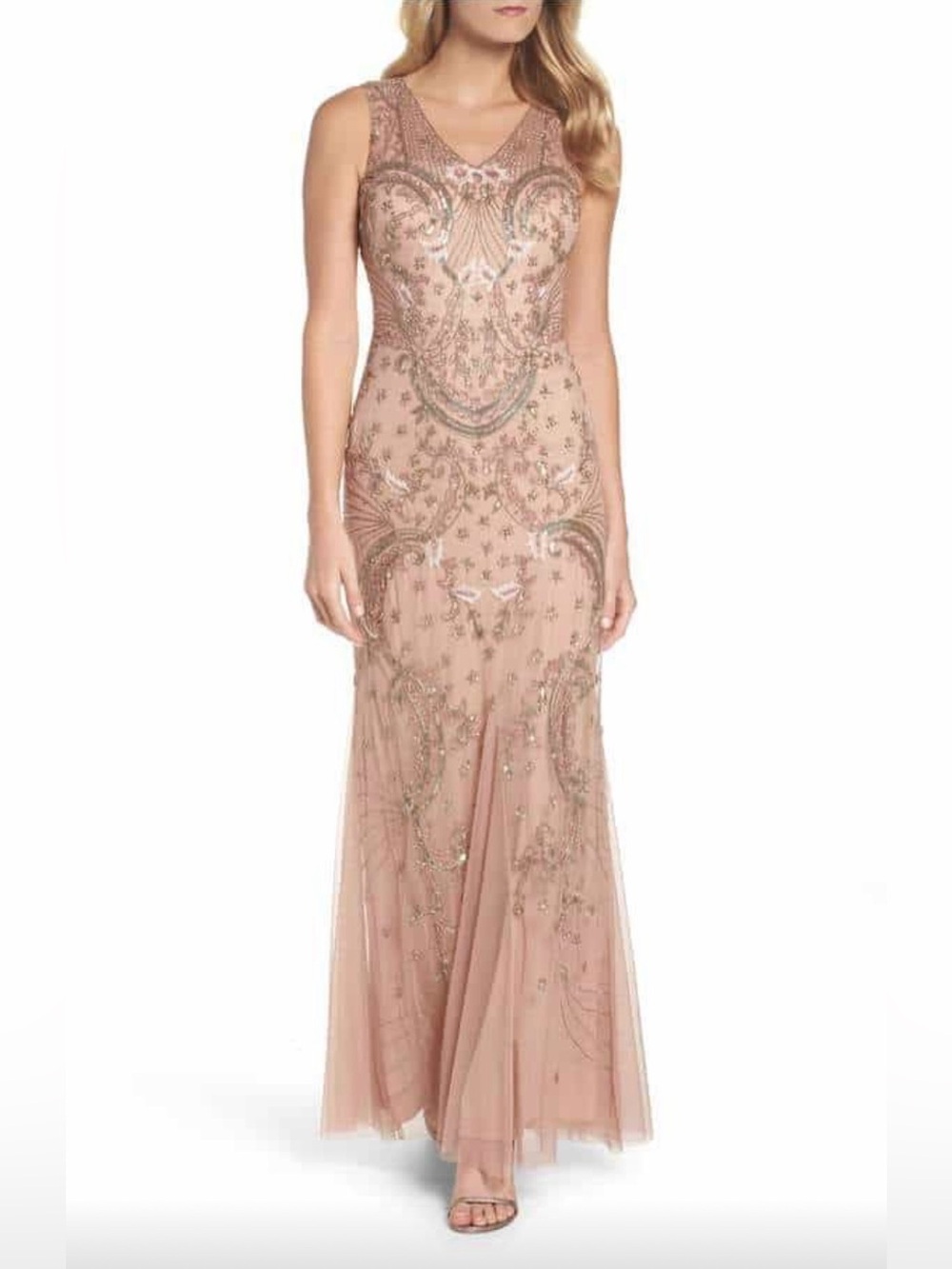 Adrianna Papell Rose Gold Beaded Art Deco Gatsby Maxi Gown US 18 XL Gatsby NYE